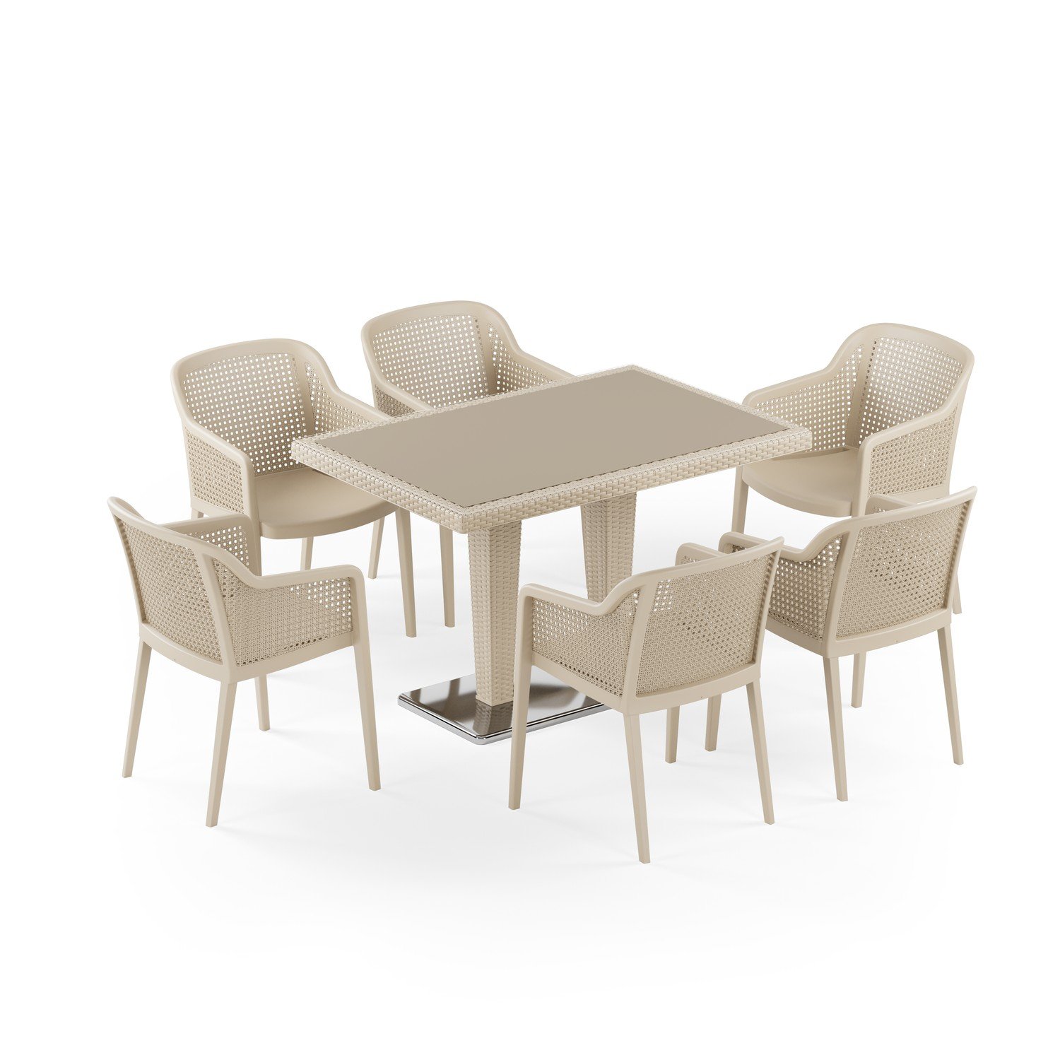 Antares Krom Ayak Camlı 80X120  Octa 6 Kişilik Rattan Masa Takımı