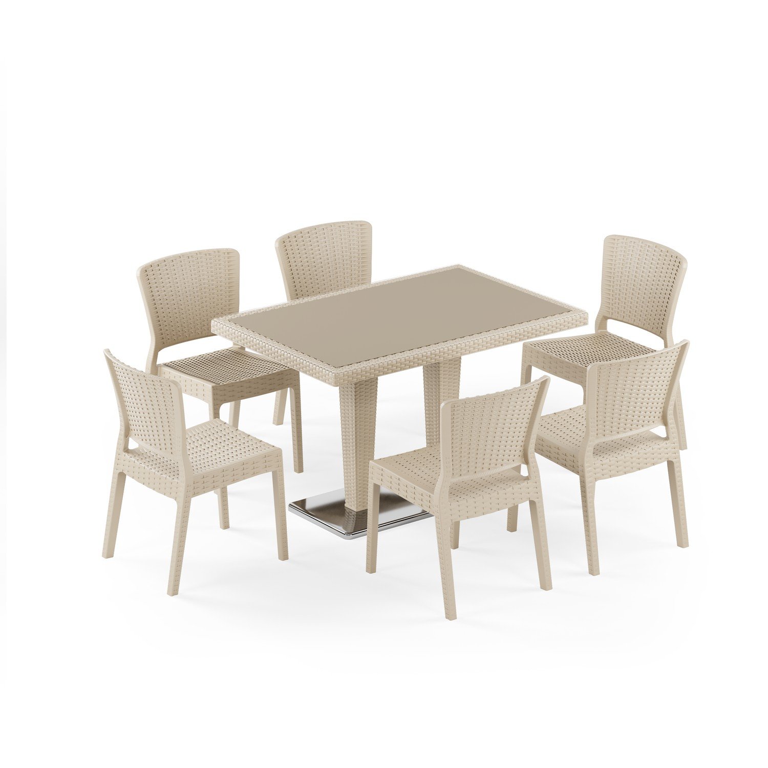 Antares Krom Ayak Camlı 80X120 Antares Sandalye 6 Kişilik Rattan Masa Takımı