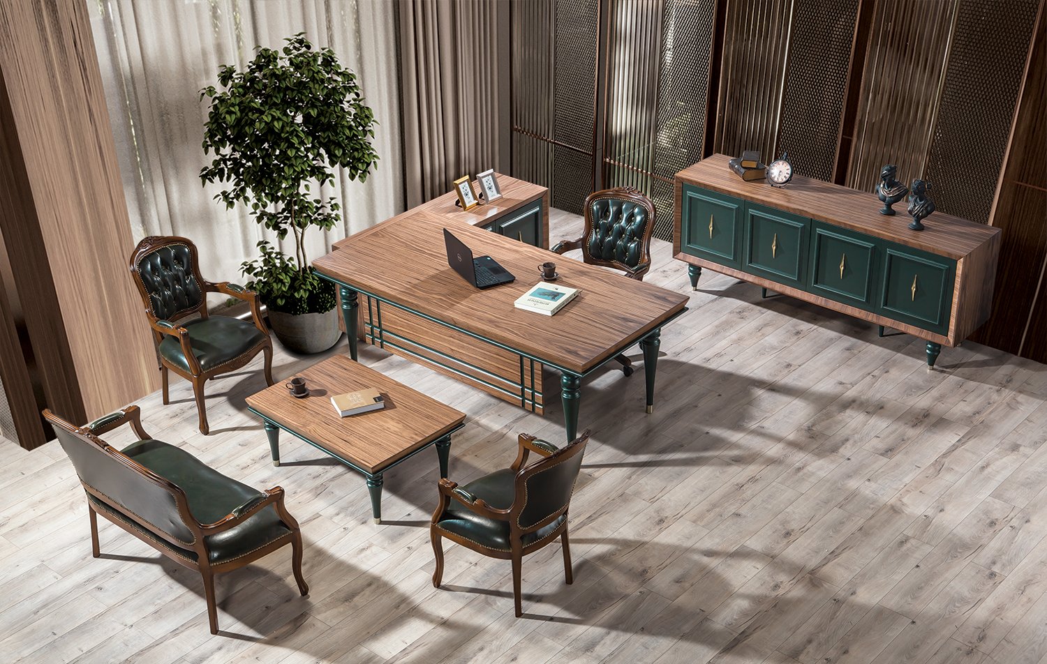 Pierra Vip Yeşil Makam Takımı - Ahşap Cilalı